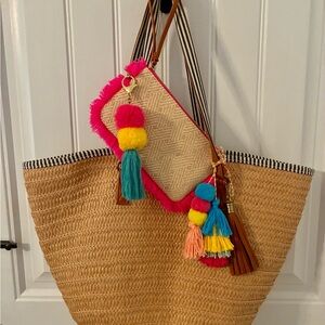 Stylish Woven Beach Tote Bag with Colorful Tassels & Matching Zipper Case